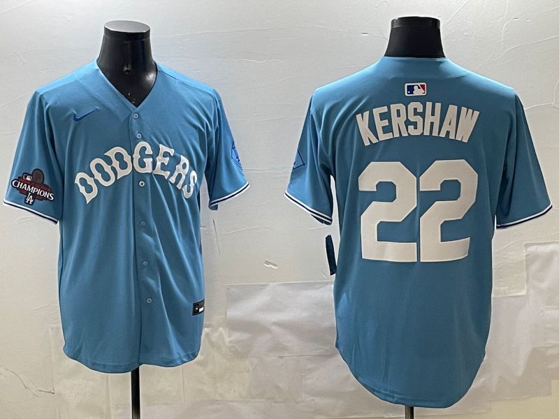 Men Los Angeles Dodgers 22 Kershaw Light Blue Joint Name 2025 Nike MLB Jersey style 3